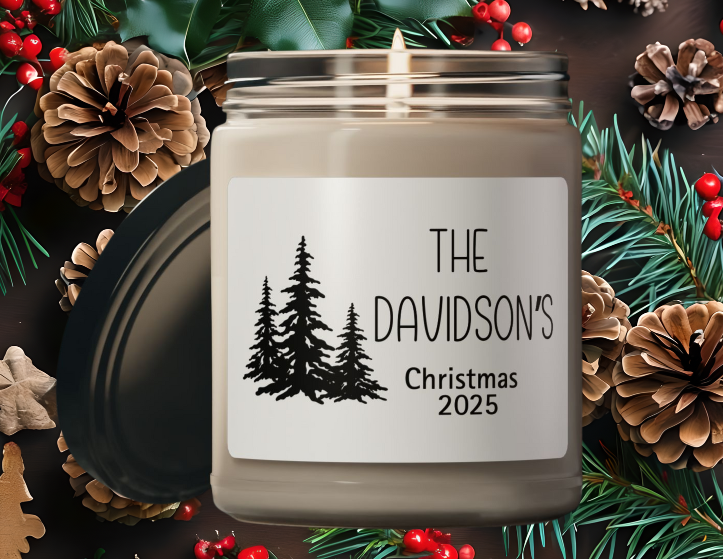 Pine Trees Personalized Scented Soy Candle, Holiday Gift For Families, Custom Family Name Candle, Festive Christmas Decor, 9oz Candle