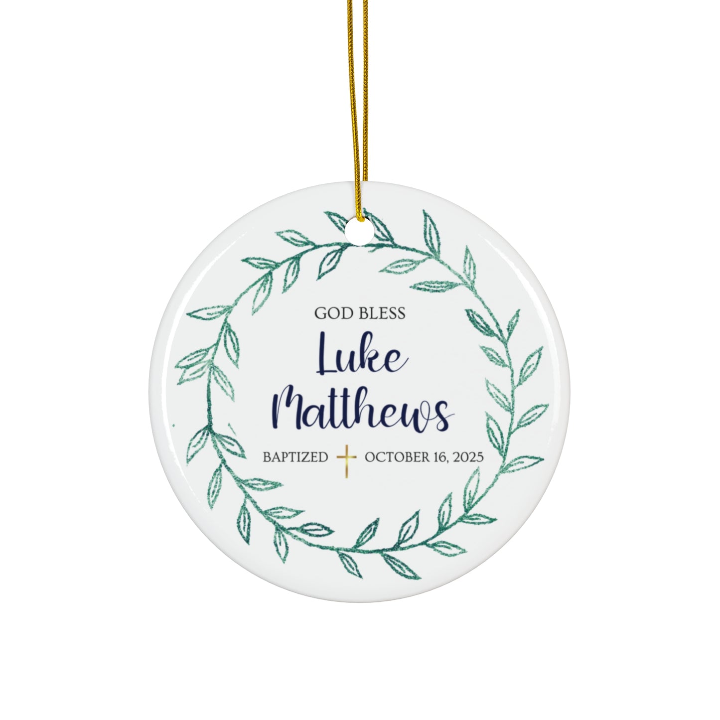 Baptism with Botanical Leaves Ceramic Ornament, Christian Decoration, Religious Gift, Personalized Keepsake Ornament, Holiday Decor