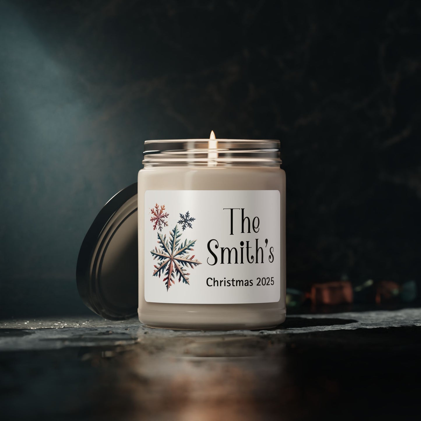 Snowflakes Personalized Scented Soy Candle, Holiday Gift For Families, Custom Family Name Candle, Festive Christmas Decor, 9oz Candle