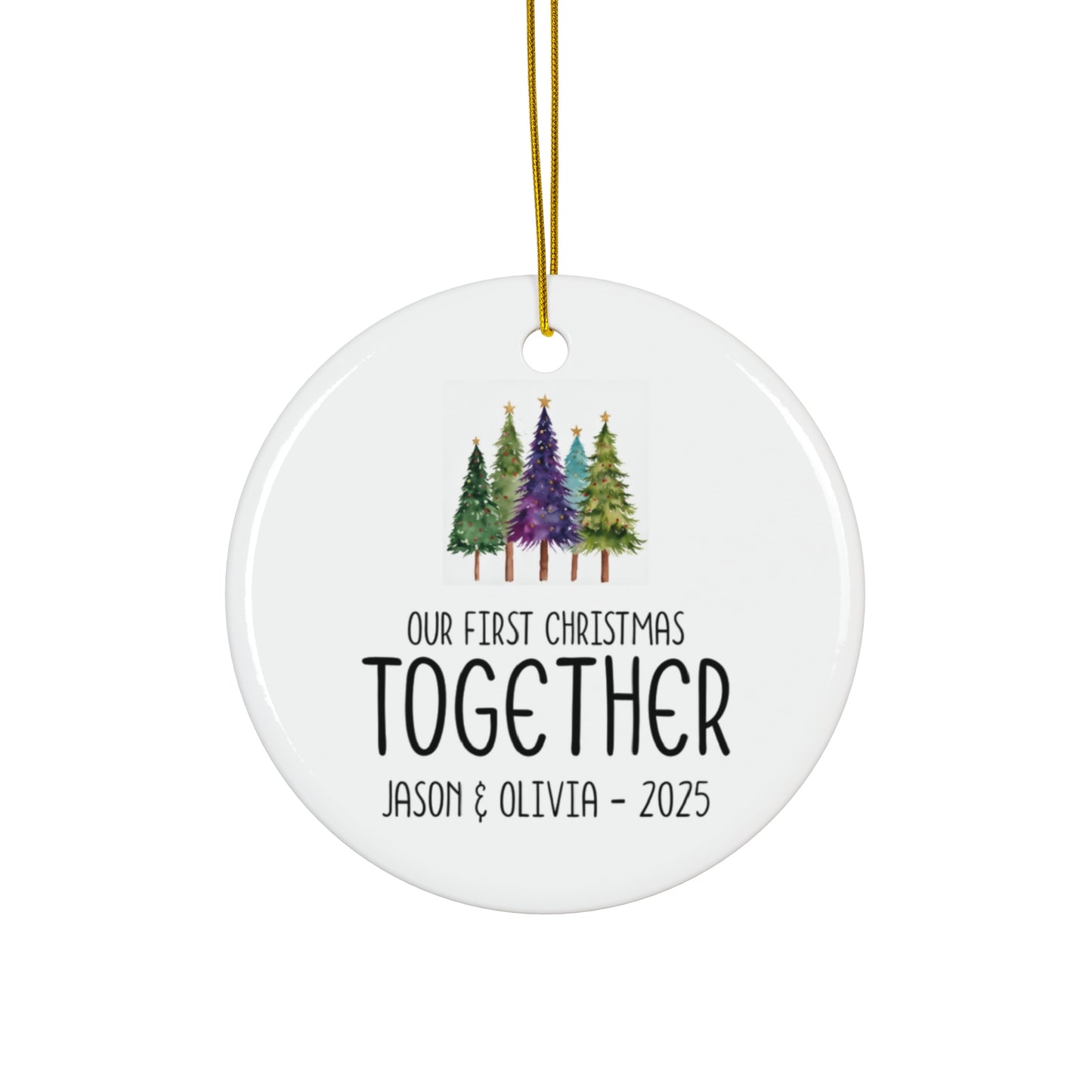 Personalized Couples First Christmas Ornament Whimsical Pine Trees, Xmas Gift, Holiday Decor, Ceramic Christmas Tree Decoration