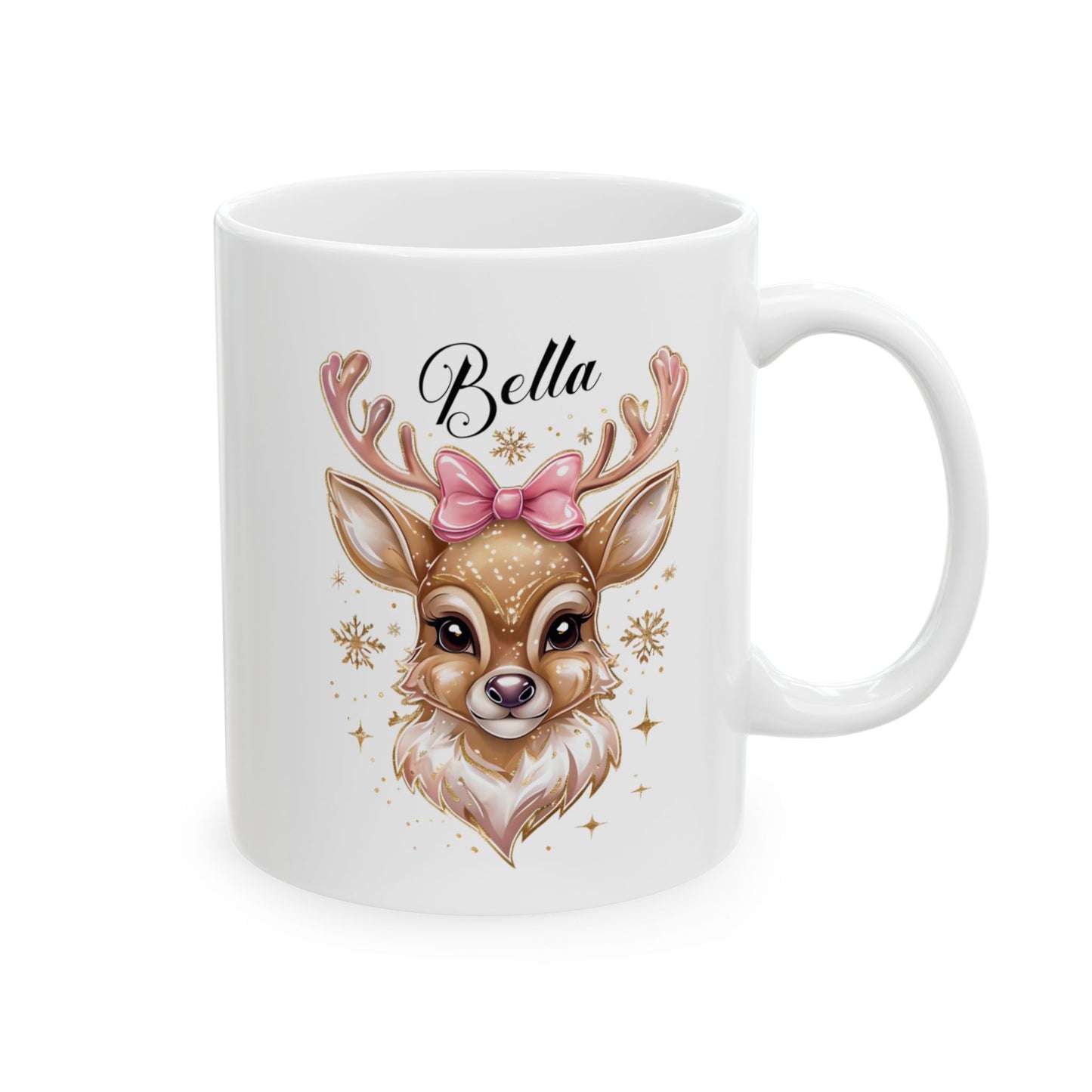 Personalized Golden Iridescent Reindeer Christmas Ceramic Mug, Festive Holiday Gift, 11oz Cup, Seasonal Decor, Custom Teacup, Coffee Mugs