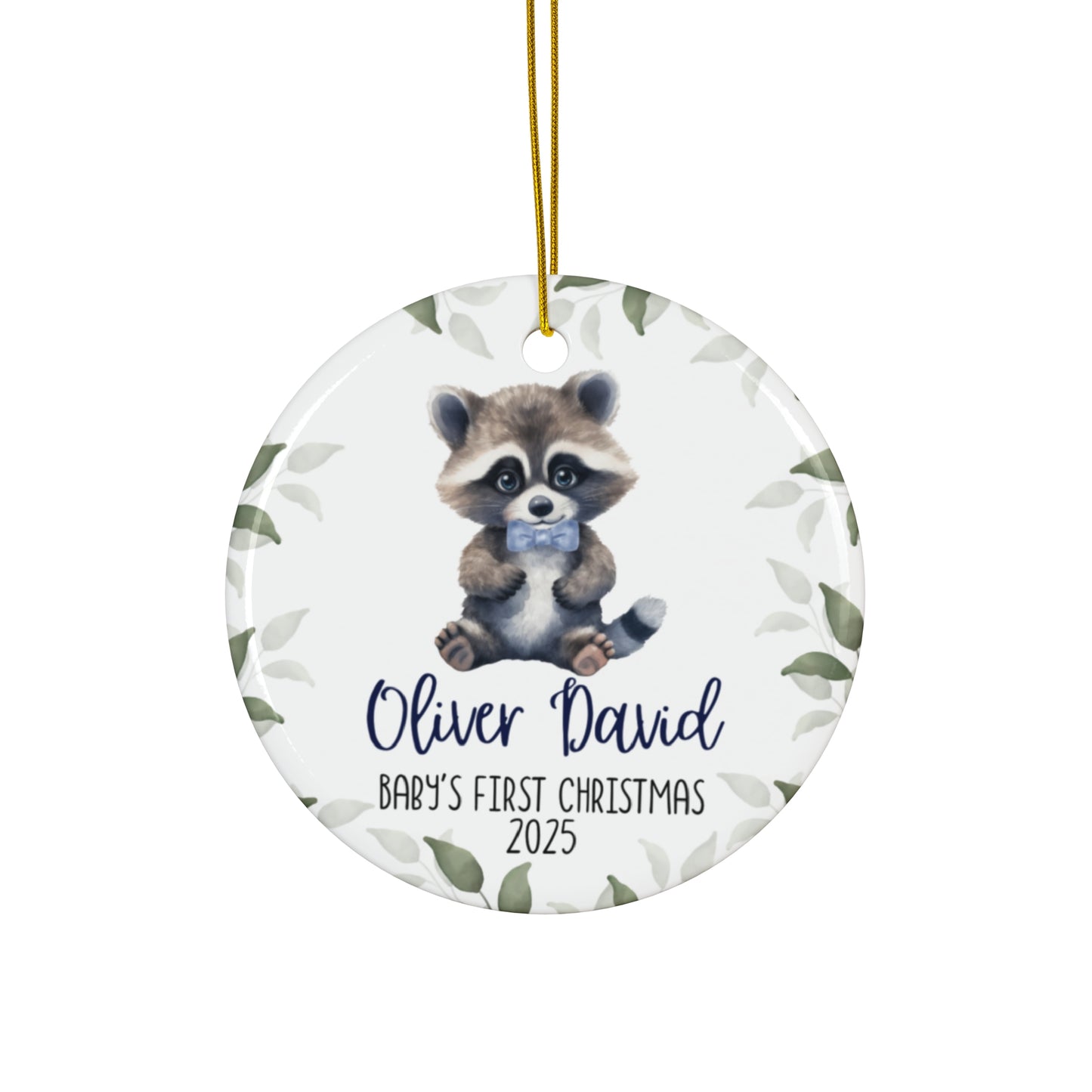 Baby's First Christmas Ceramic Ornament for Boy, Raccoon with Bow Tie, Woodland Theme, Holiday Tree Decoration, Baby Shower Gift, Nursery