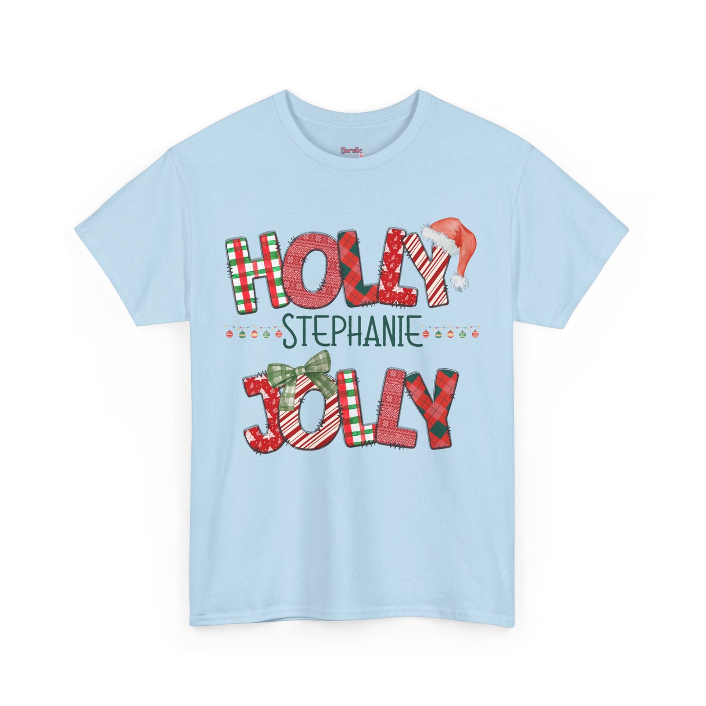 Christmas Patchwork Holly Jolly Personalized Tee, Holiday T-Shirt, Festive Cotton Shirt, Unisex Top, Xmas Doodle Letters Apparel