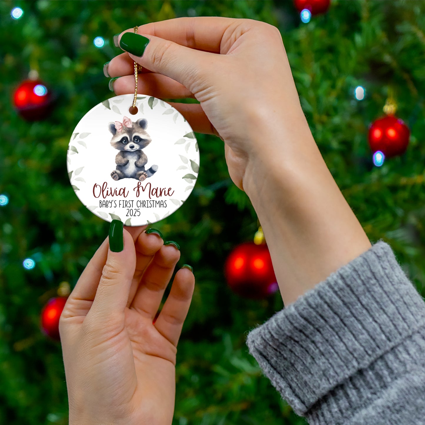 Baby's First Christmas Ceramic Ornament for Girl, Raccoon with Bow, Woodland Theme, Holiday Tree Decoration, Baby Shower Gift, Nursery Decor