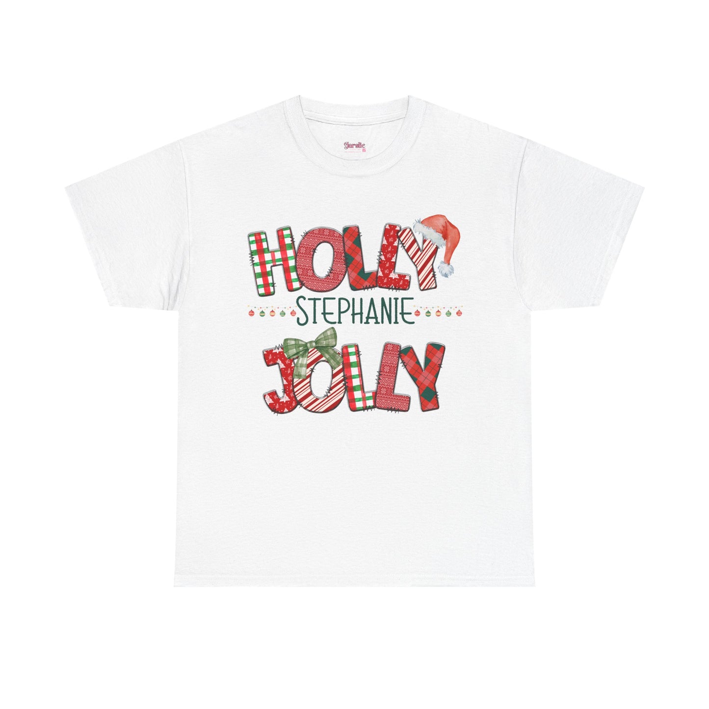 Christmas Patchwork Holly Jolly Personalized Tee, Holiday T-Shirt, Festive Cotton Shirt, Unisex Top, Xmas Doodle Letters Apparel