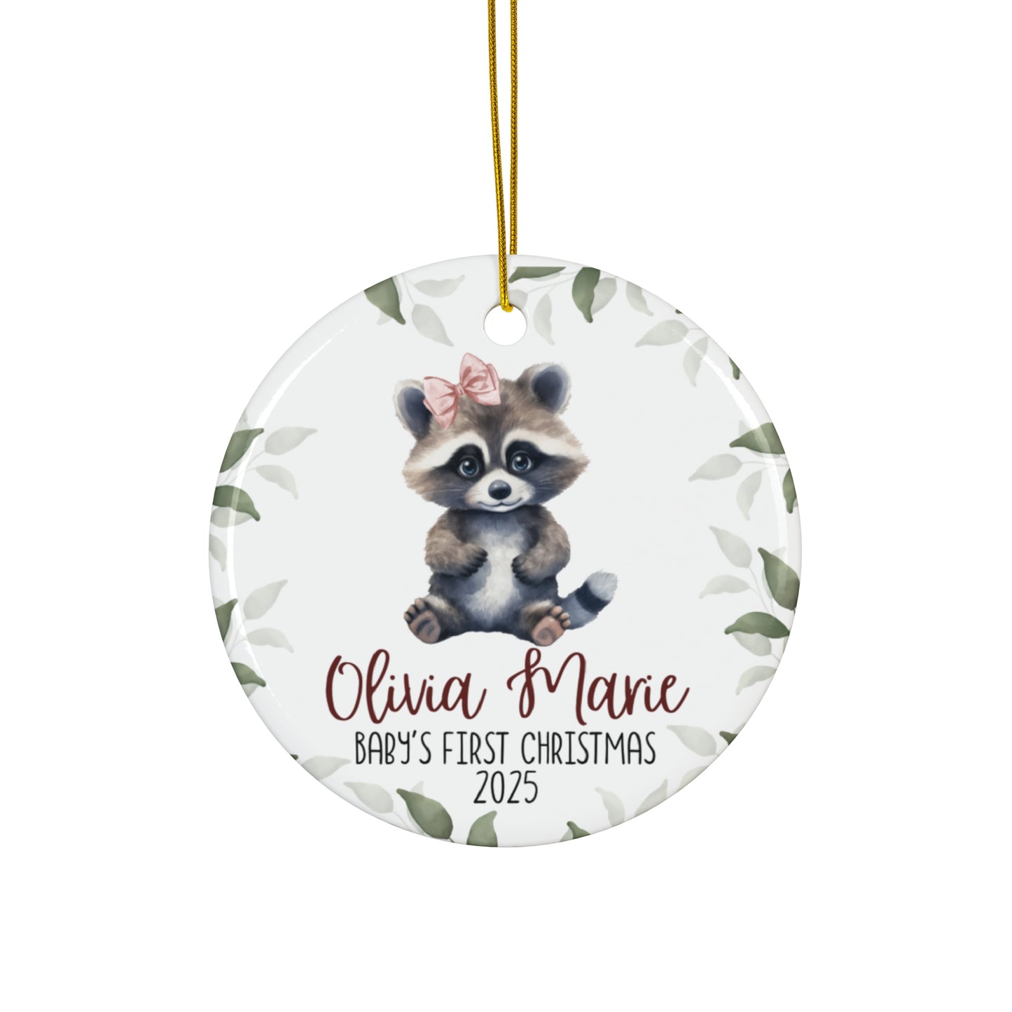 Baby's First Christmas Ceramic Ornament for Girl, Raccoon with Bow, Woodland Theme, Holiday Tree Decoration, Baby Shower Gift, Nursery Decor
