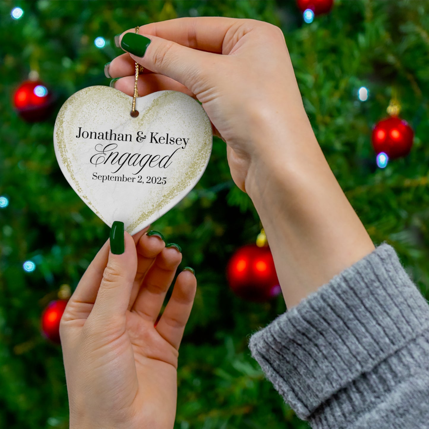 Personalized Engagement Ornament, Wedding Decoration, Keepsake Gift, Heart Shaped Ornament, Engaged Couple Decor, Ceramic
