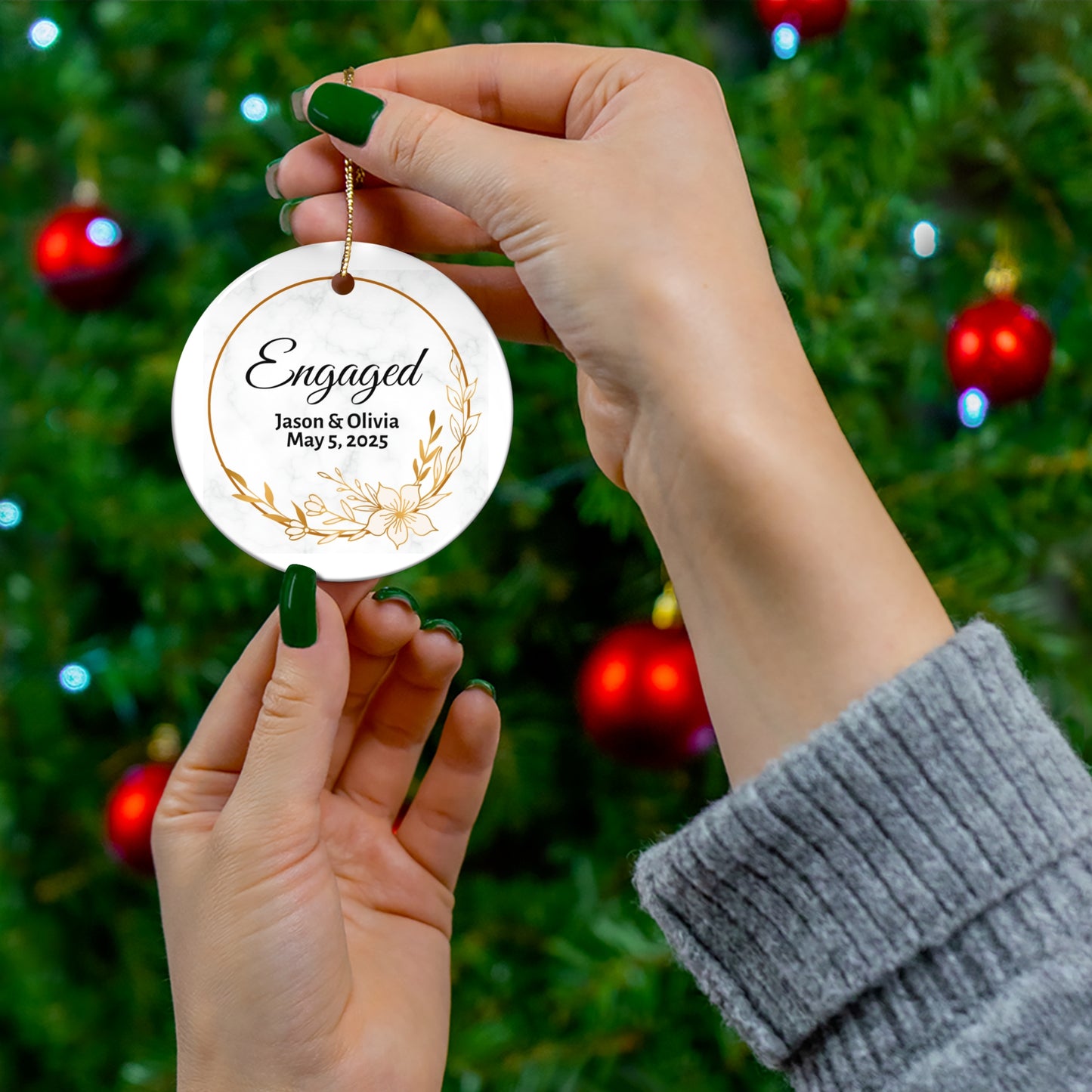 Engagement Ceramic Ornament, Personalized Holiday Decor, Unique Wedding Keepsake, Bridal Shower Gift, Custom Name Keepsake
