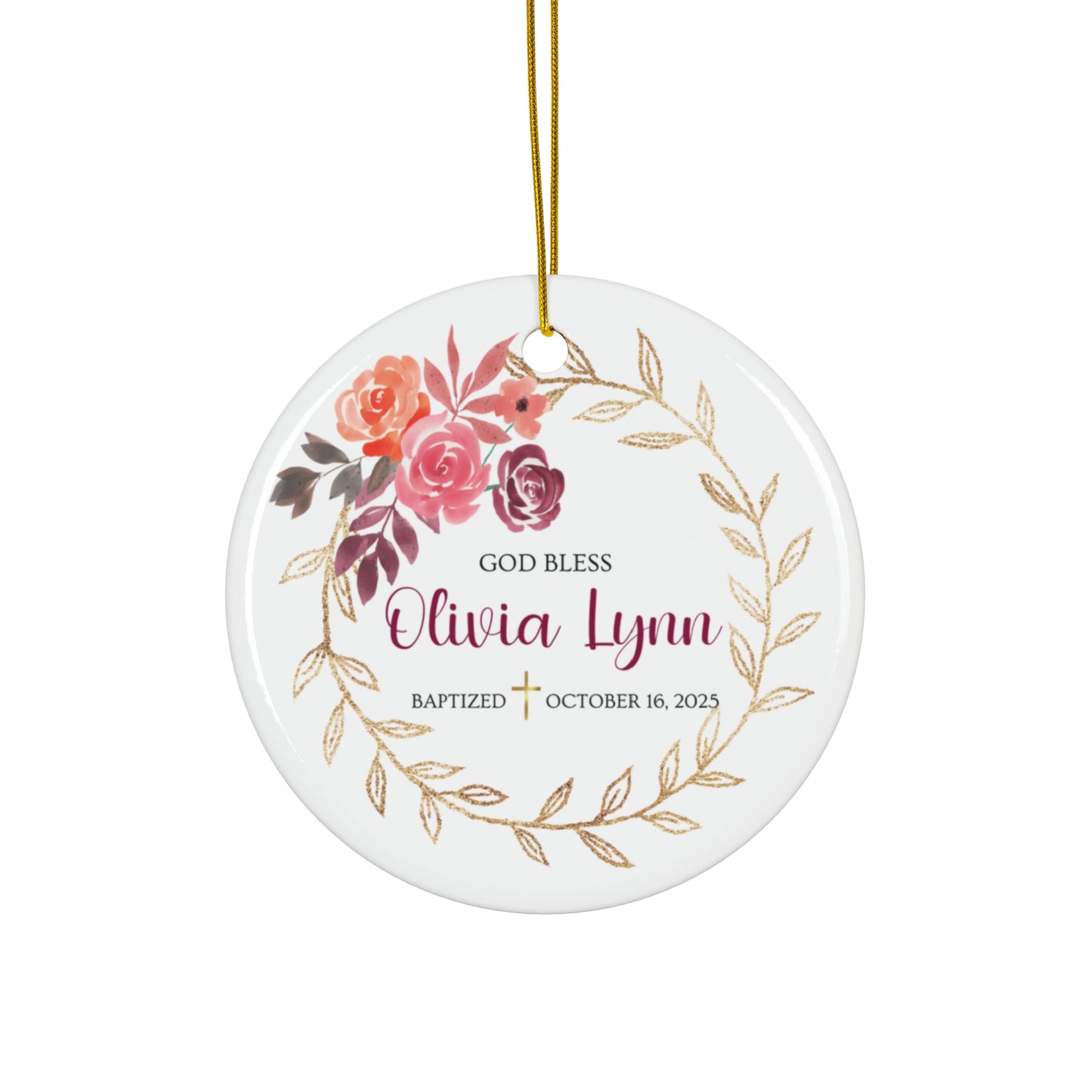 Baptism with Pink Floral Ceramic Ornament, Christian Decoration, Religious Gift, Personalized Keepsake Ornament, Holiday Decor
