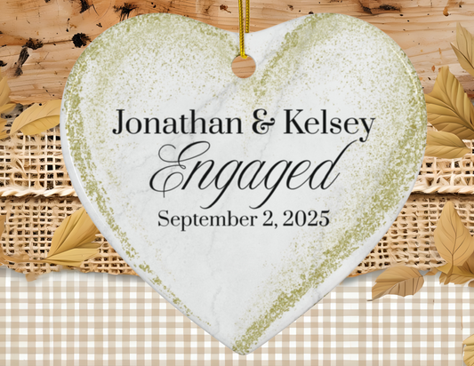 Personalized Engagement Ornament, Wedding Decoration, Keepsake Gift, Heart Shaped Ornament, Engaged Couple Decor, Ceramic