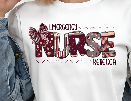 Personalized Nursing Shirt, Nurse Patchwork Tee, Coquette Bow Design, Unisex T-Shirt, Gift for Nurses, Burgundy Nurse Top