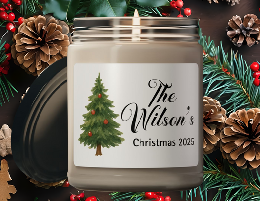 Christmas Tree Personalized Scented Soy Candle, Holiday Gift For Families, Custom Family Name Candle, Festive Christmas Decor, 9oz Candle