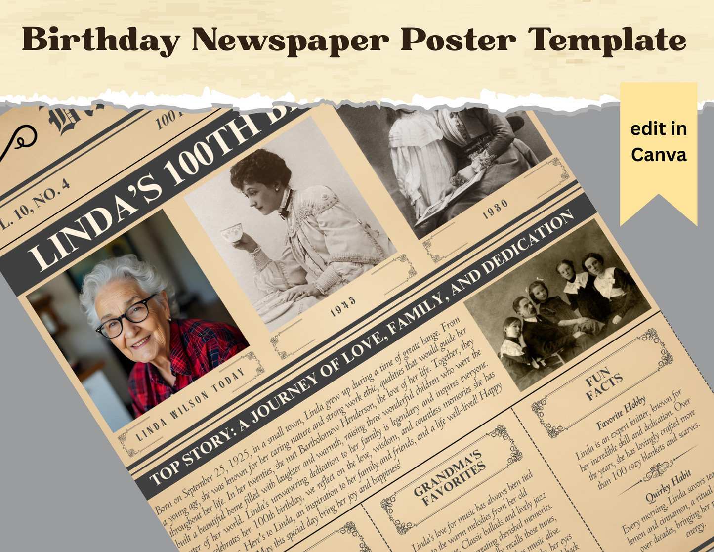 Custom Birthday Newspaper, Template Canva, Editable Birthday Poster, Milestone 100th Birthday Sign, DIY Birthday Keepsake Printable