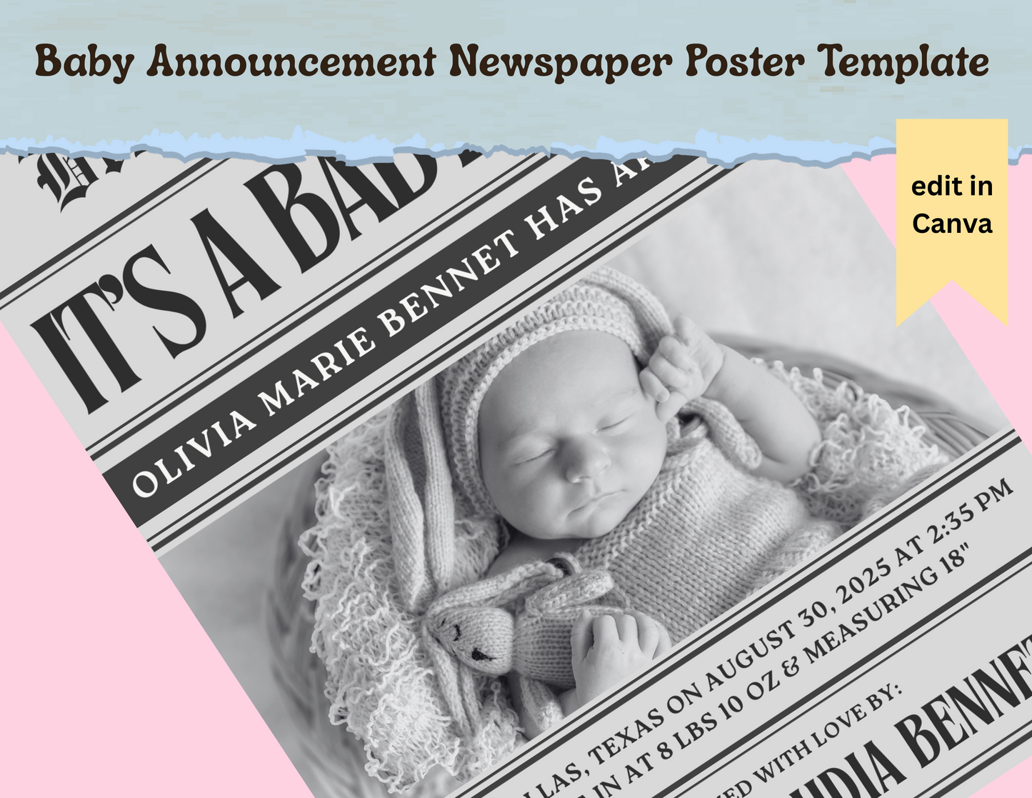 Custom Baby Announcement Newspaper Canva Template, Editable Birth Announcement, Printable New Baby Keepsake, DIY Baby Newspaper Poster