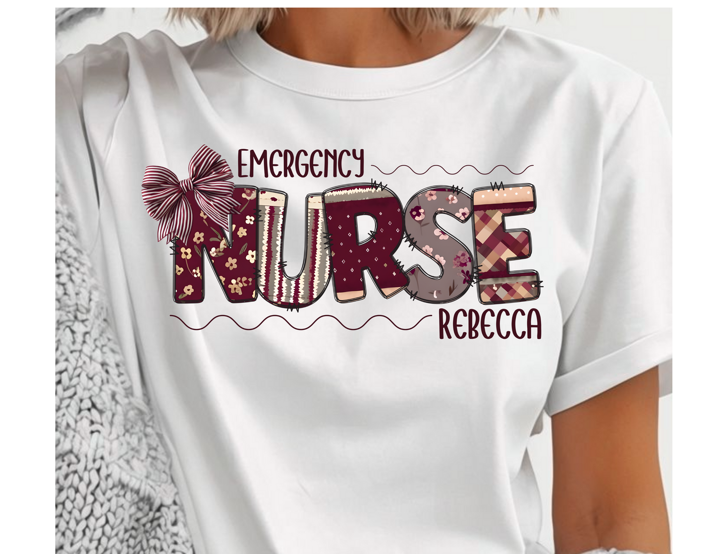 Personalized Nursing Shirt, Nurse Patchwork Tee, Coquette Bow Design, Unisex T-Shirt, Gift for Nurses, Burgundy Nurse Top