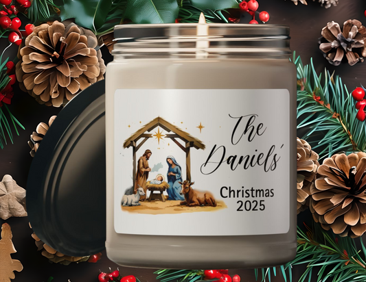 Nativity Scene Personalized Scented Soy Candle, Holiday Gift For Families, Custom Family Name Candle, Festive Christmas Decor, 9oz Candle