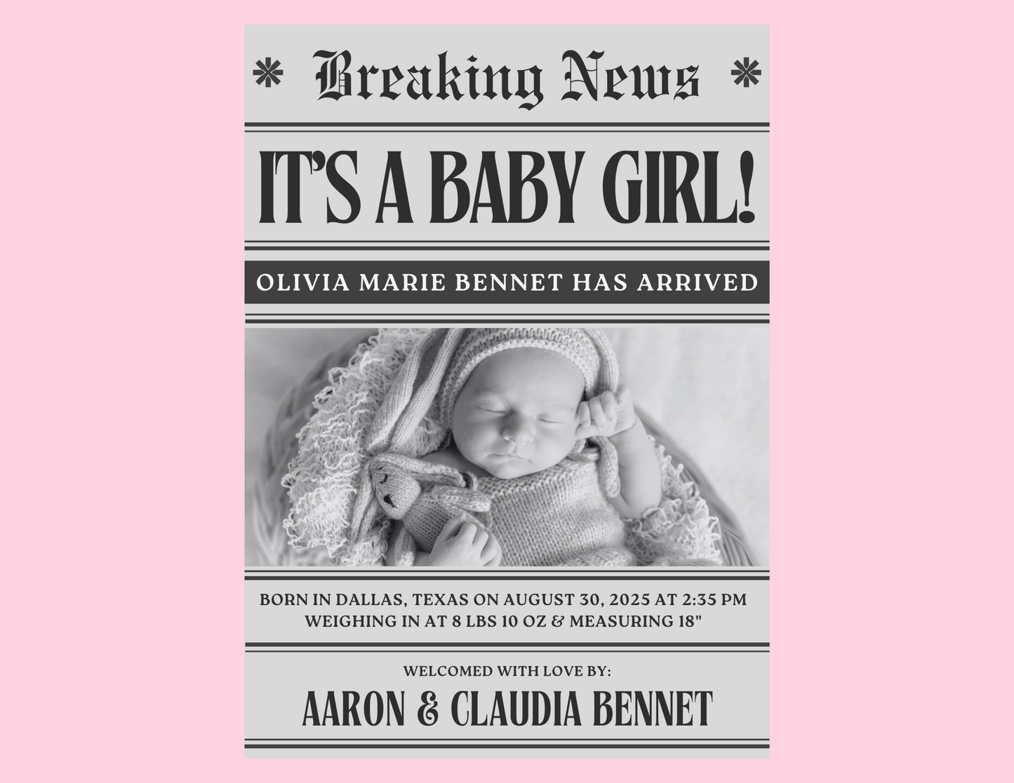 Custom Baby Announcement Newspaper Canva Template, Editable Birth Announcement, Printable New Baby Keepsake, DIY Baby Newspaper Poster