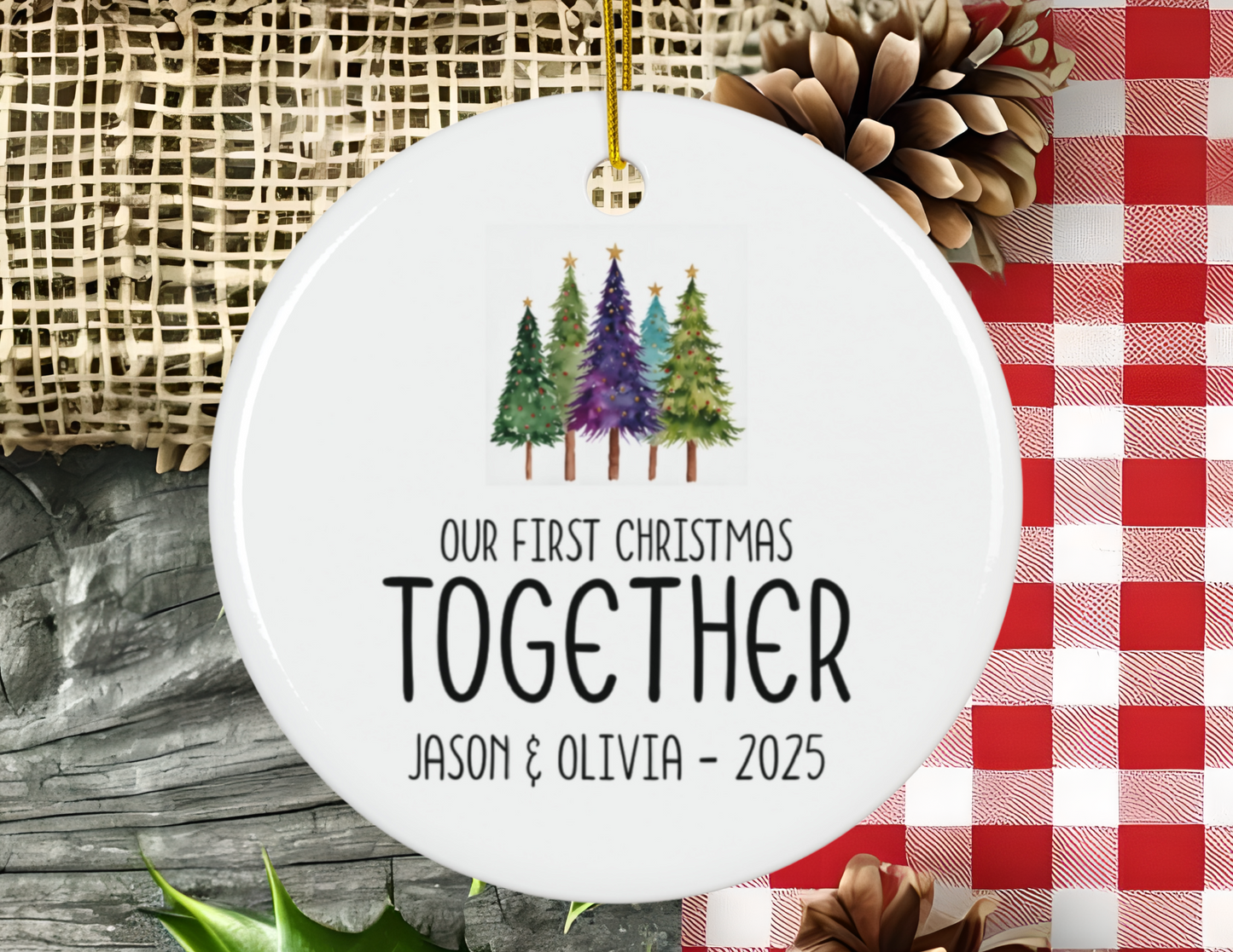 Personalized Couples First Christmas Ornament Whimsical Pine Trees, Xmas Gift, Holiday Decor, Ceramic Christmas Tree Decoration