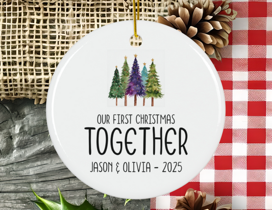 Personalized Couples First Christmas Ornament Whimsical Pine Trees, Xmas Gift, Holiday Decor, Ceramic Christmas Tree Decoration