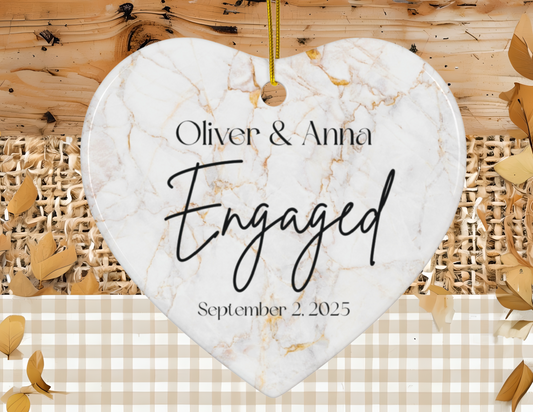 Personalized Engagement Ornament, Ceramic Wedding Decoration, Keepsake Gift, Marble Heart Shaped Ornament, Engaged Couple Decor