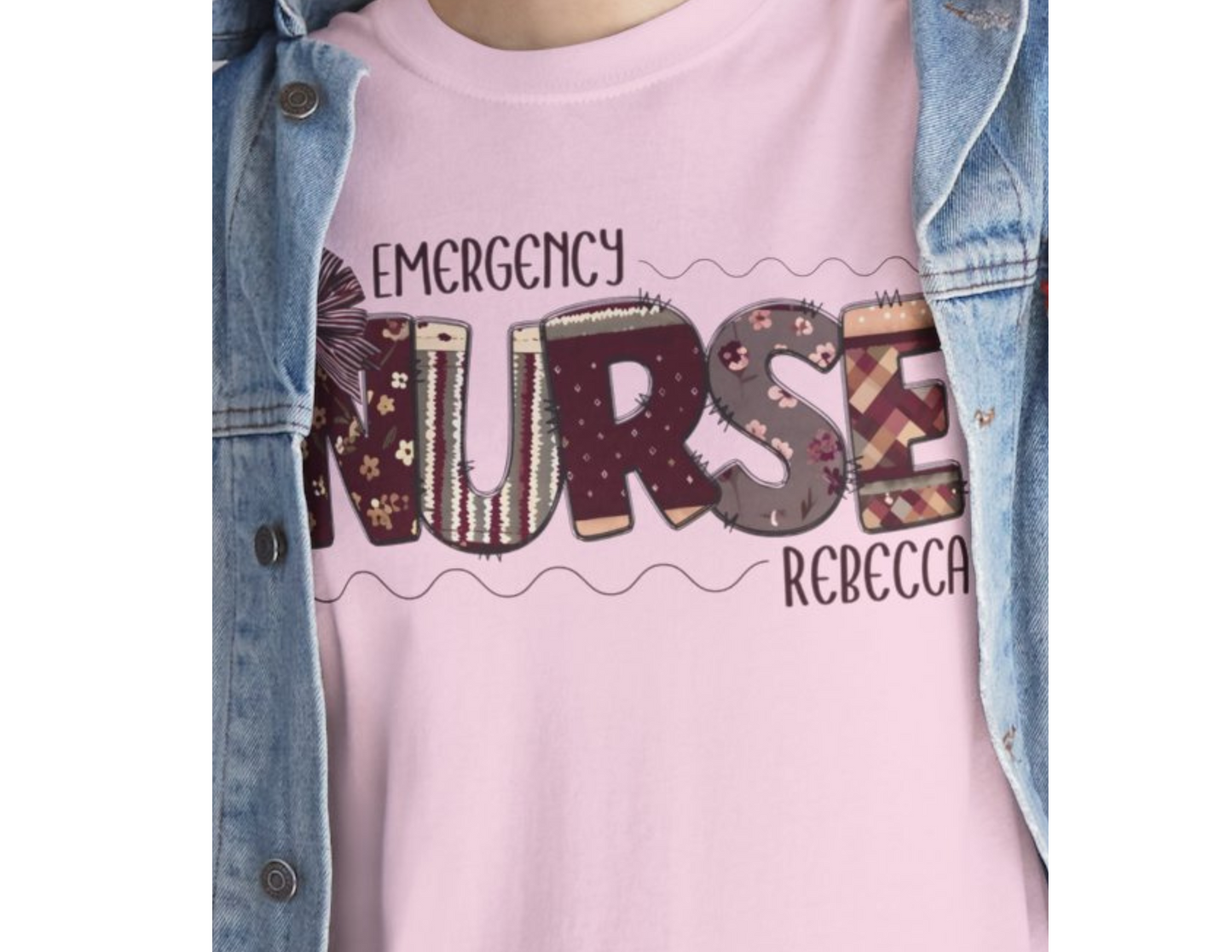 Personalized Nursing Shirt, Nurse Patchwork Tee, Coquette Bow Design, Unisex T-Shirt, Gift for Nurses, Burgundy Nurse Top