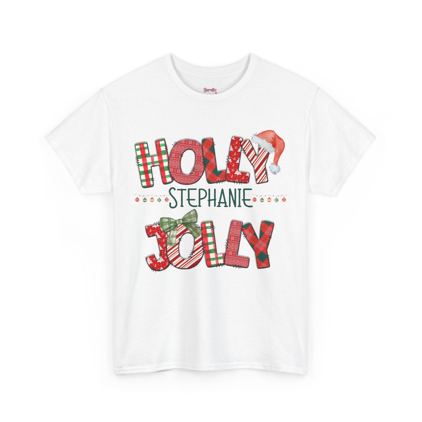 Christmas Patchwork Holly Jolly Personalized Tee, Holiday T-Shirt, Festive Cotton Shirt, Unisex Top, Xmas Doodle Letters Apparel