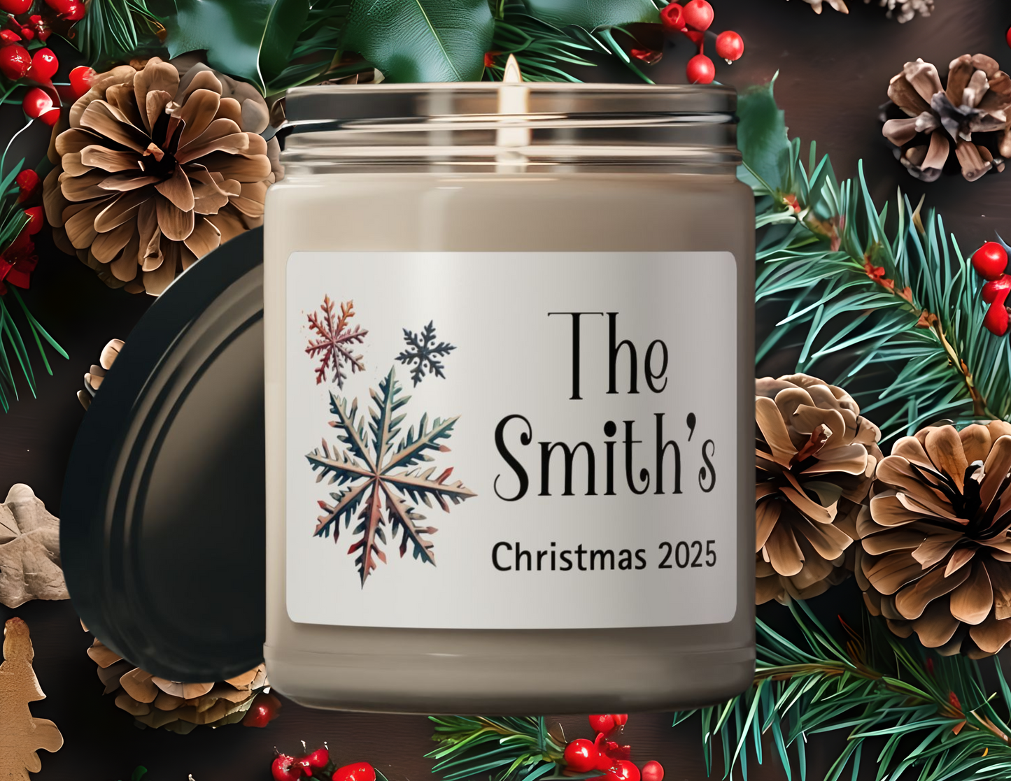 Snowflakes Personalized Scented Soy Candle, Holiday Gift For Families, Custom Family Name Candle, Festive Christmas Decor, 9oz Candle
