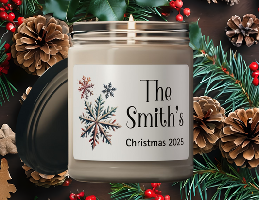 Snowflakes Personalized Scented Soy Candle, Holiday Gift For Families, Custom Family Name Candle, Festive Christmas Decor, 9oz Candle