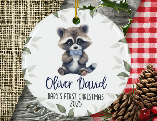 Baby's First Christmas Ceramic Ornament for Boy, Raccoon with Bow Tie, Woodland Theme, Holiday Tree Decoration, Baby Shower Gift, Nursery