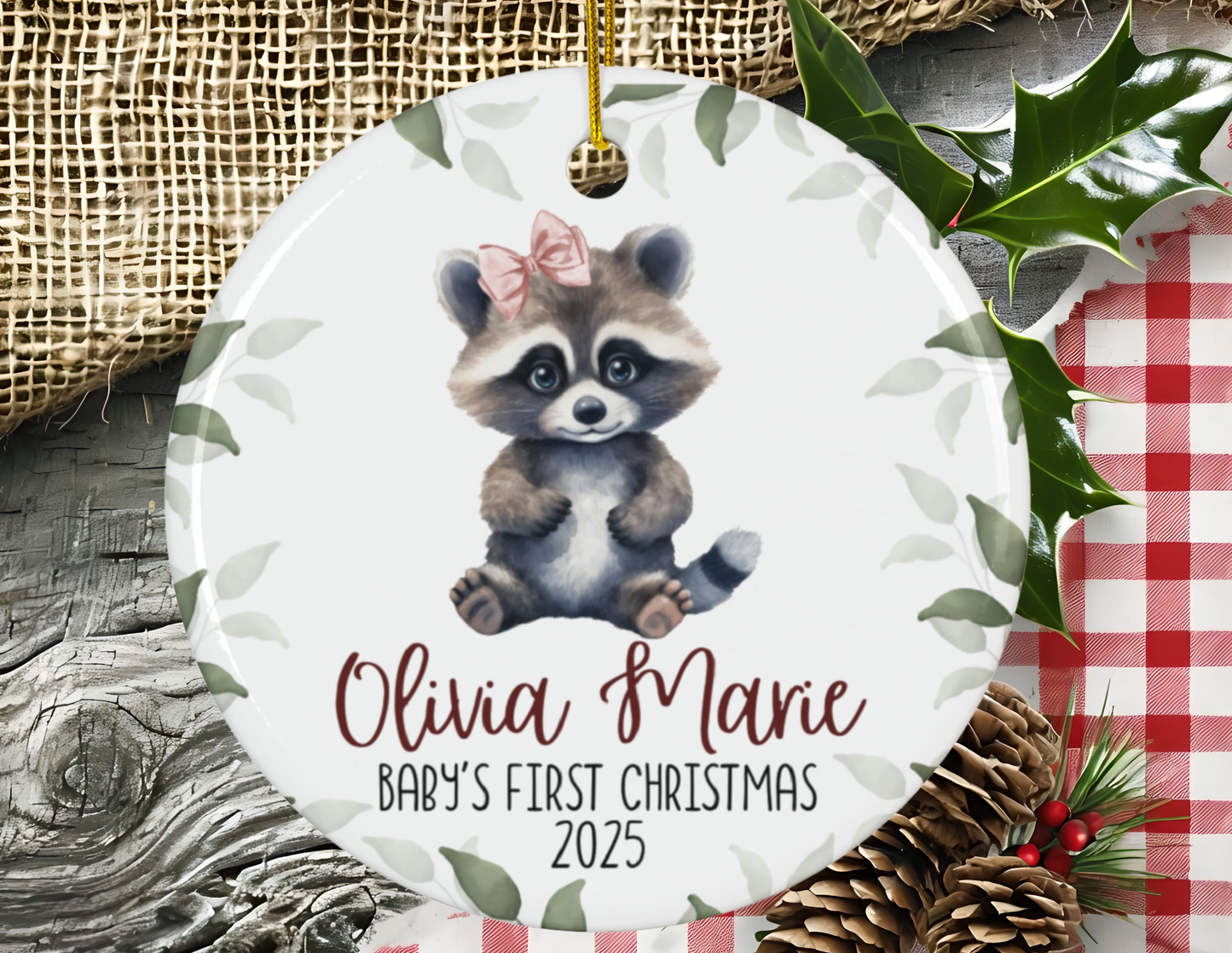 Baby's First Christmas Ceramic Ornament for Girl, Raccoon with Bow, Woodland Theme, Holiday Tree Decoration, Baby Shower Gift, Nursery Decor