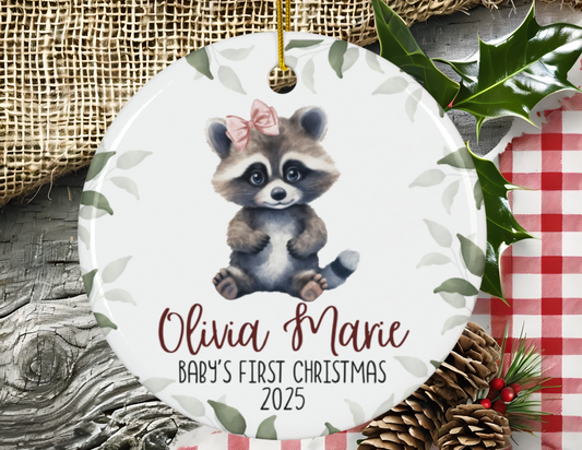 Baby's First Christmas Ceramic Ornament for Girl, Raccoon with Bow, Woodland Theme, Holiday Tree Decoration, Baby Shower Gift, Nursery Decor