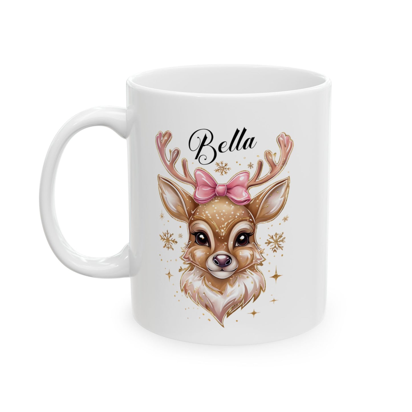 Personalized Golden Iridescent Reindeer Christmas Ceramic Mug, Festive Holiday Gift, 11oz Cup, Seasonal Decor, Custom Teacup, Coffee Mugs