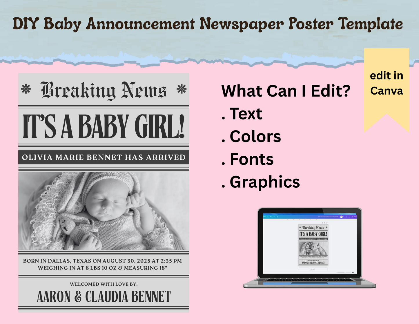 Custom Baby Announcement Newspaper Canva Template, Editable Birth Announcement, Printable New Baby Keepsake, DIY Baby Newspaper Poster