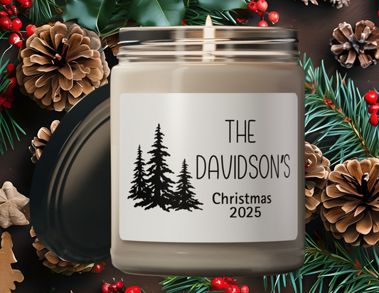Pine Trees Personalized Scented Soy Candle, Holiday Gift For Families, Custom Family Name Candle, Festive Christmas Decor, 9oz Candle