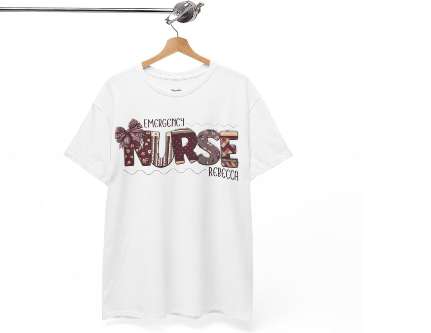 Personalized Nursing Shirt, Nurse Patchwork Tee, Coquette Bow Design, Unisex T-Shirt, Gift for Nurses, Burgundy Nurse Top
