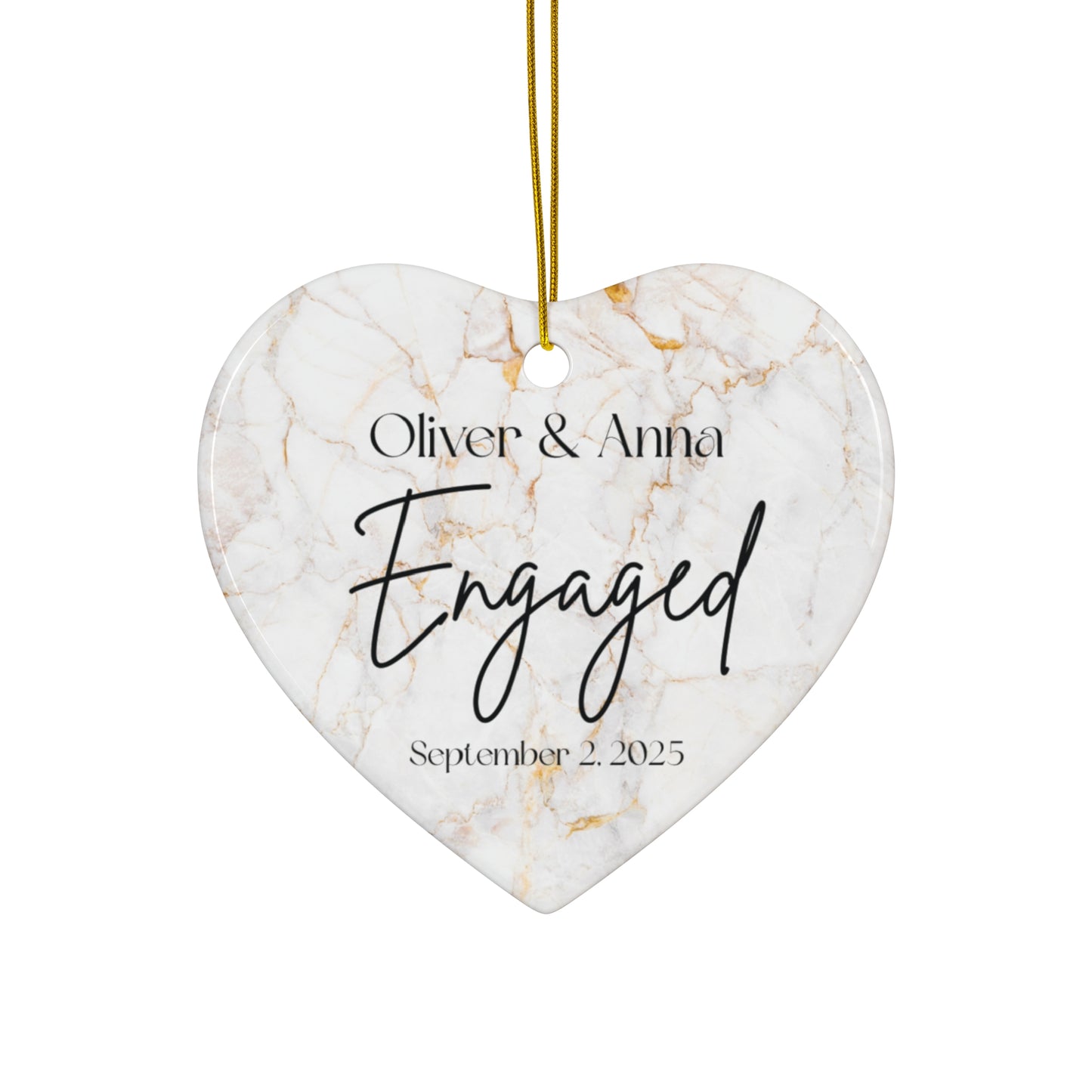 Personalized Engagement Ornament, Ceramic Wedding Decoration, Keepsake Gift, Marble Heart Shaped Ornament, Engaged Couple Decor