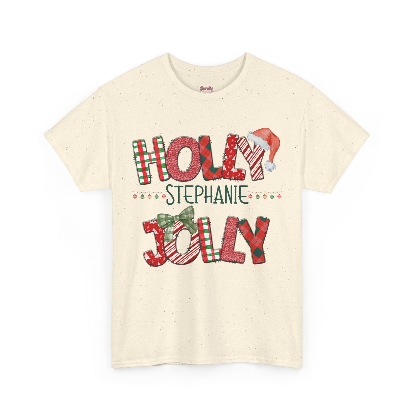 Christmas Patchwork Holly Jolly Personalized Tee, Holiday T-Shirt, Festive Cotton Shirt, Unisex Top, Xmas Doodle Letters Apparel
