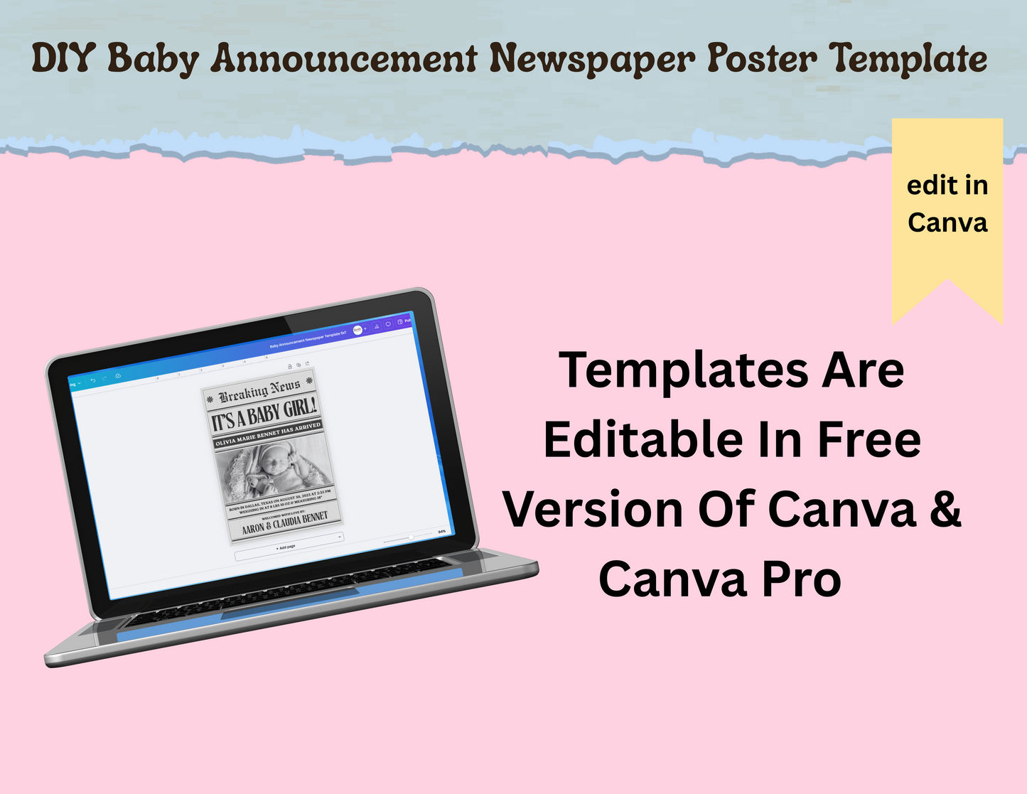 Custom Baby Announcement Newspaper Canva Template, Editable Birth Announcement, Printable New Baby Keepsake, DIY Baby Newspaper Poster