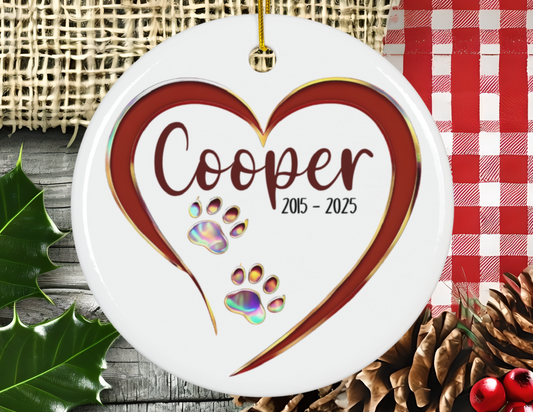 Pet Loss Sympathy Gift, Ceramic Ornament, Iridescent Paw Print Heart Ornament, Dog Memorial Keepsake, Empathy Decoration, Holiday Gift