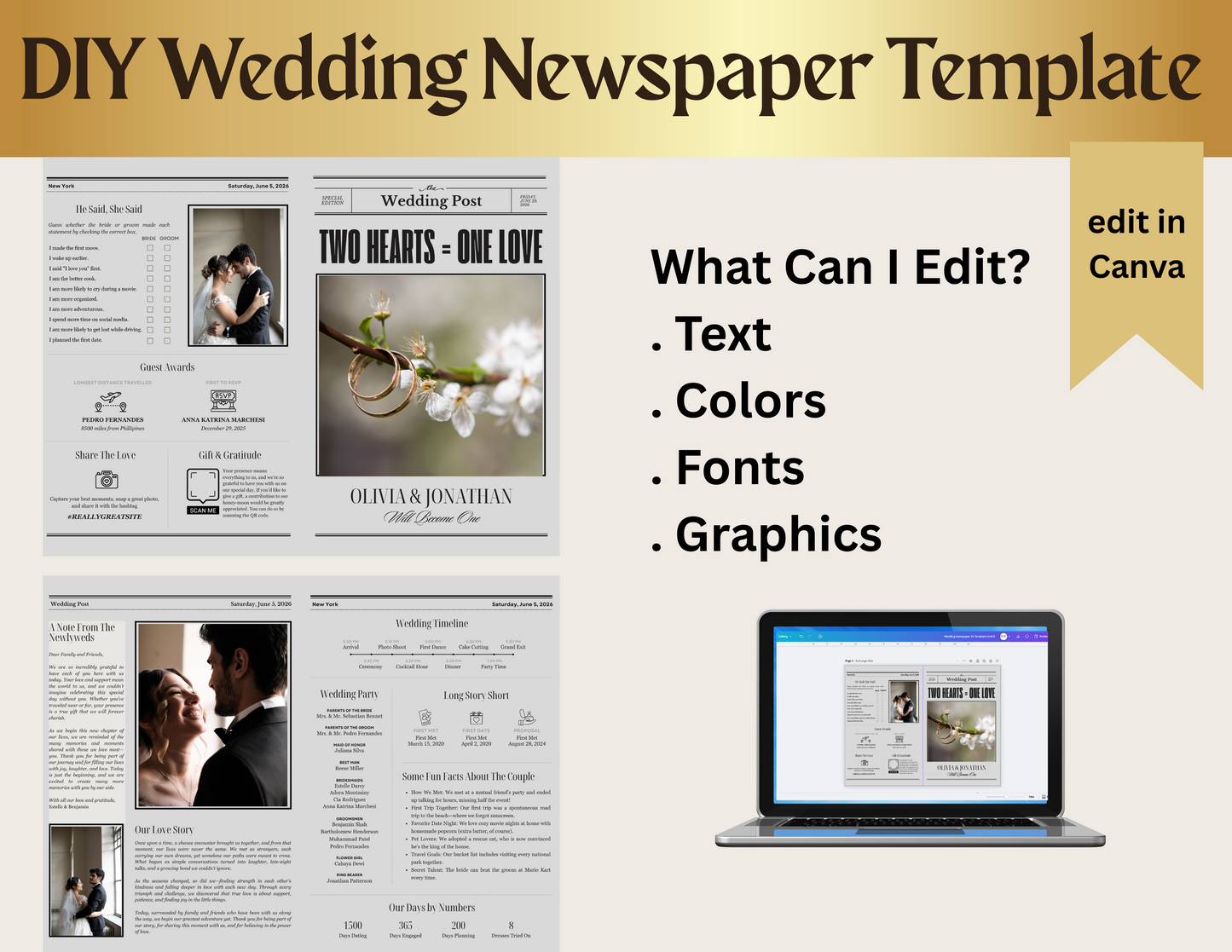 Custom Wedding Newspaper Template Canva, Editable Wedding Program, Personalized Newspaper Style Wedding Itinerary, DIY Wedding Keepsake