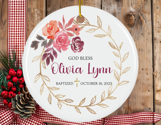 Baptism with Pink Floral Ceramic Ornament, Christian Decoration, Religious Gift, Personalized Keepsake Ornament, Holiday Decor