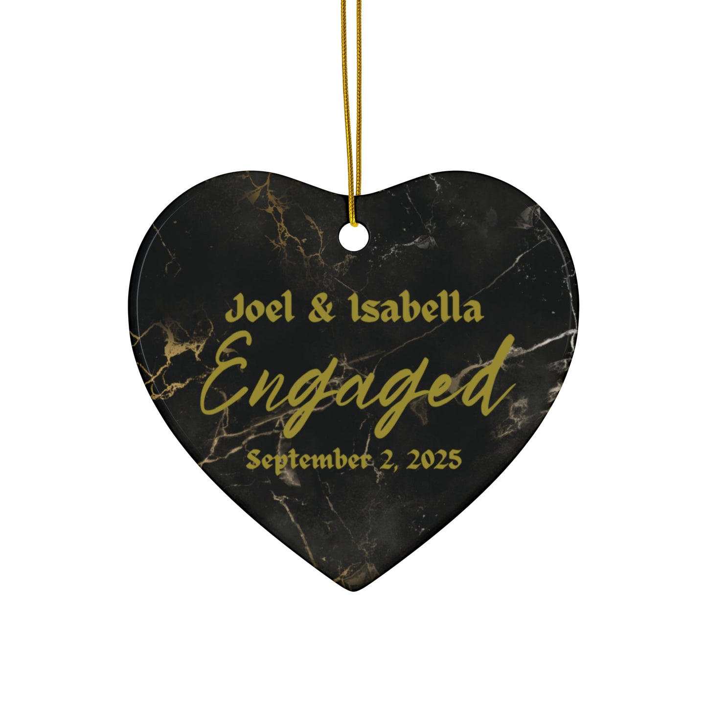 Personalized Engagement Ornament, Ceramic Wedding Decoration, Keepsake Gift, Black Marble Heart Decoration, Engaged Couple Decor