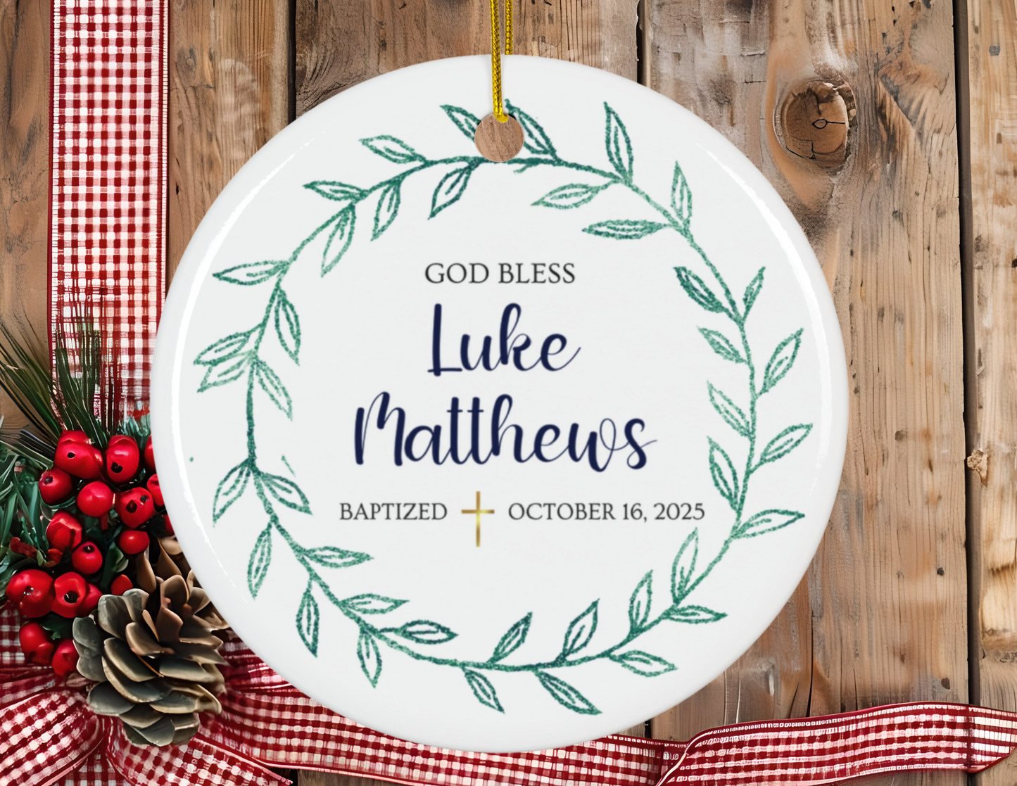 Baptism with Botanical Leaves Ceramic Ornament, Christian Decoration, Religious Gift, Personalized Keepsake Ornament, Holiday Decor