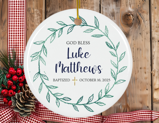 Baptism with Botanical Leaves Ceramic Ornament, Christian Decoration, Religious Gift, Personalized Keepsake Ornament, Holiday Decor
