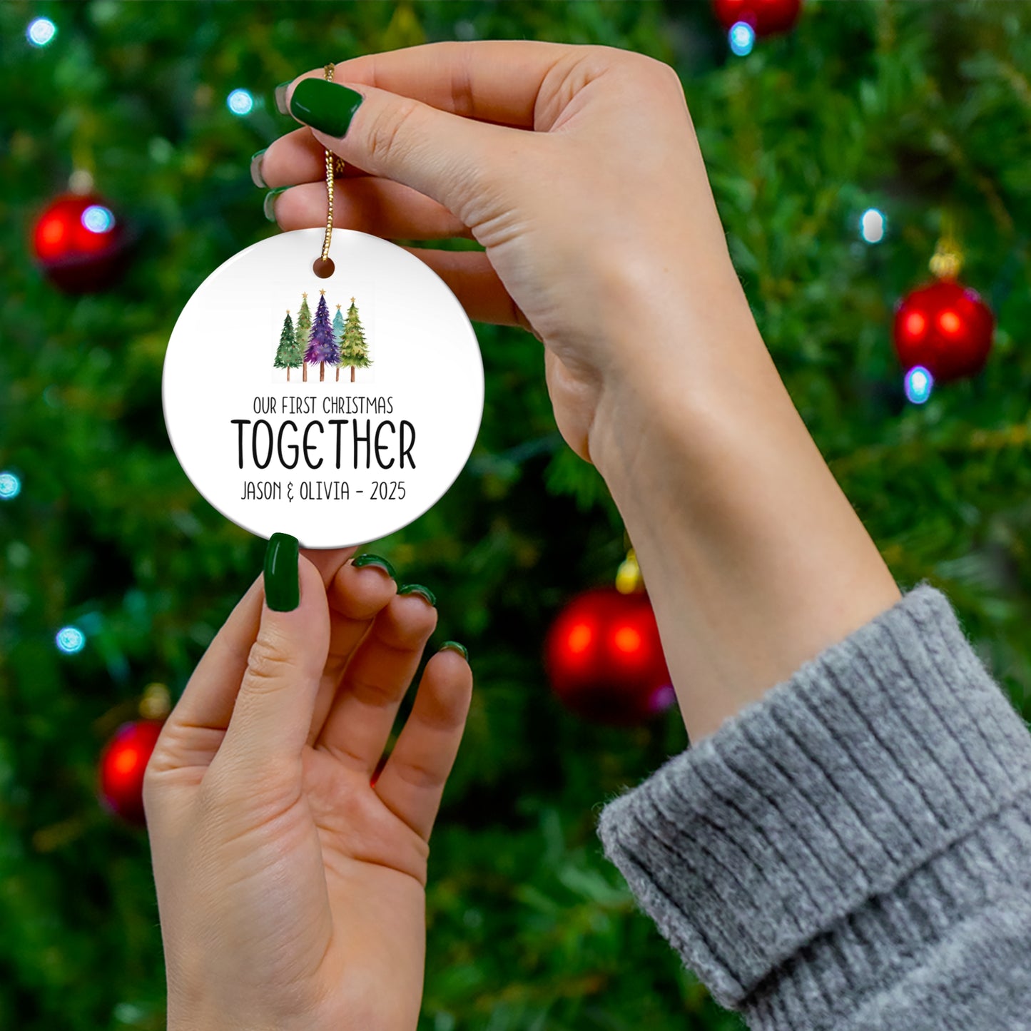 Personalized Couples First Christmas Ornament Whimsical Pine Trees, Xmas Gift, Holiday Decor, Ceramic Christmas Tree Decoration