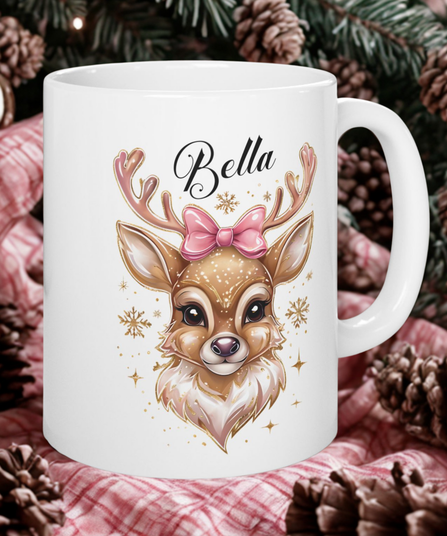 Personalized Golden Iridescent Reindeer Christmas Ceramic Mug, Festive Holiday Gift, 11oz Cup, Seasonal Decor, Custom Teacup, Coffee Mugs