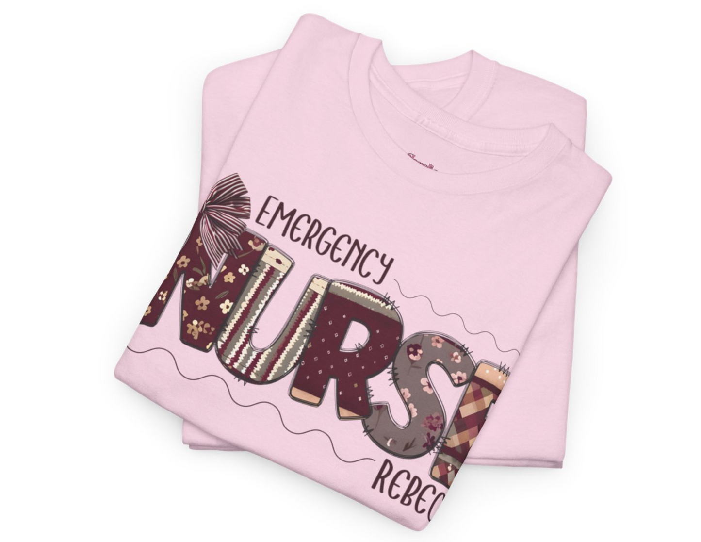 Personalized Nursing Shirt, Nurse Patchwork Tee, Coquette Bow Design, Unisex T-Shirt, Gift for Nurses, Burgundy Nurse Top