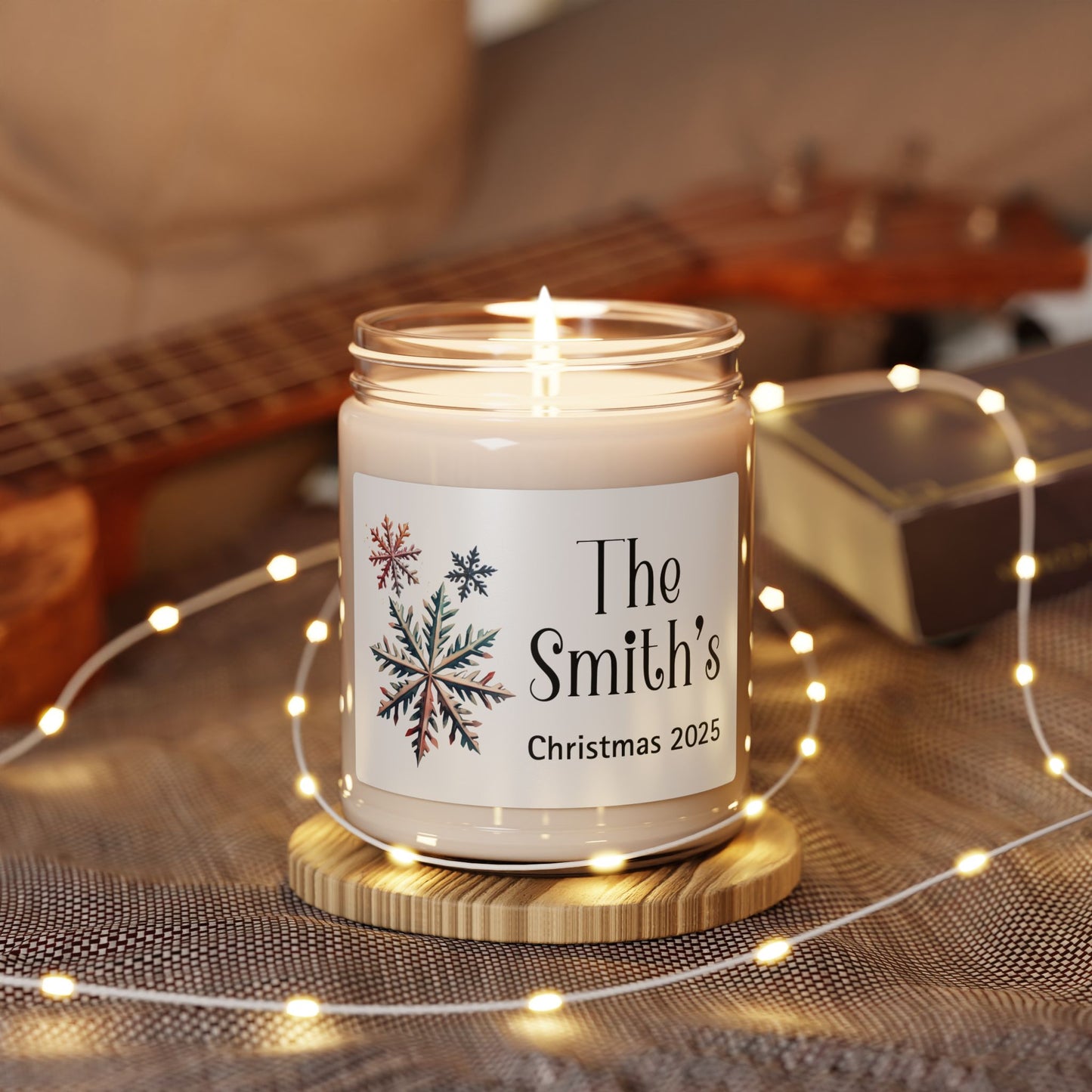 Snowflakes Personalized Scented Soy Candle, Holiday Gift For Families, Custom Family Name Candle, Festive Christmas Decor, 9oz Candle