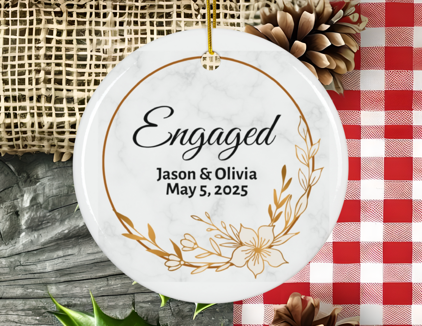 Engagement Ceramic Ornament, Personalized Holiday Decor, Unique Wedding Keepsake, Bridal Shower Gift, Custom Name Keepsake