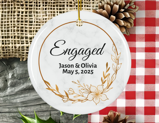 Engagement Ceramic Ornament, Personalized Holiday Decor, Unique Wedding Keepsake, Bridal Shower Gift, Custom Name Keepsake